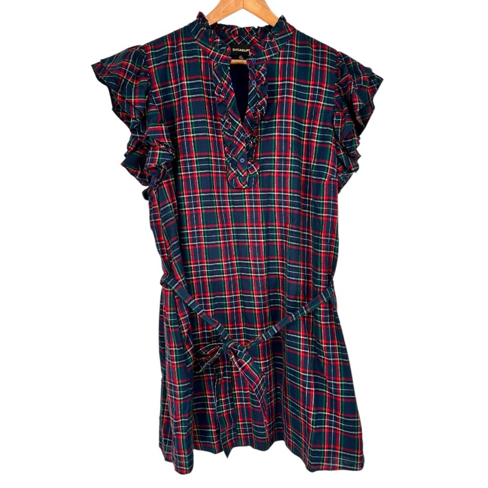 Sugarlips Chapman Plaid Shift Mini Dress size 2X Navy Belted Ruffle Trim Sleeves